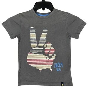 Lucky Brand Shirt Boys 5 Peace Sign USA Flag Basic Casual Short-sleeve Tee‎